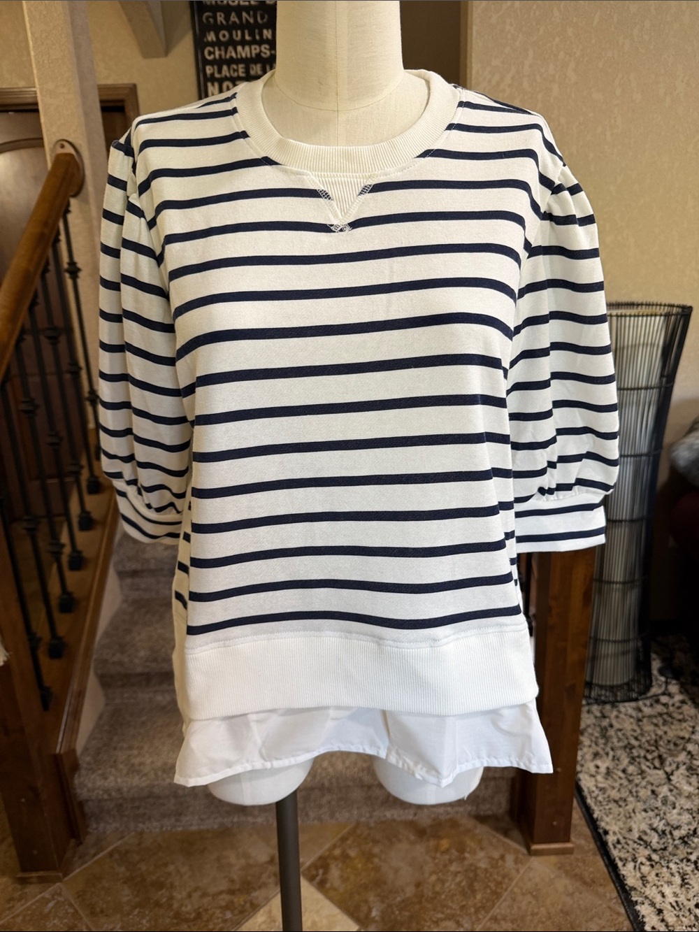 Fred  David Navy and White Striped Puff-Sleeve Sweatshirt - XL